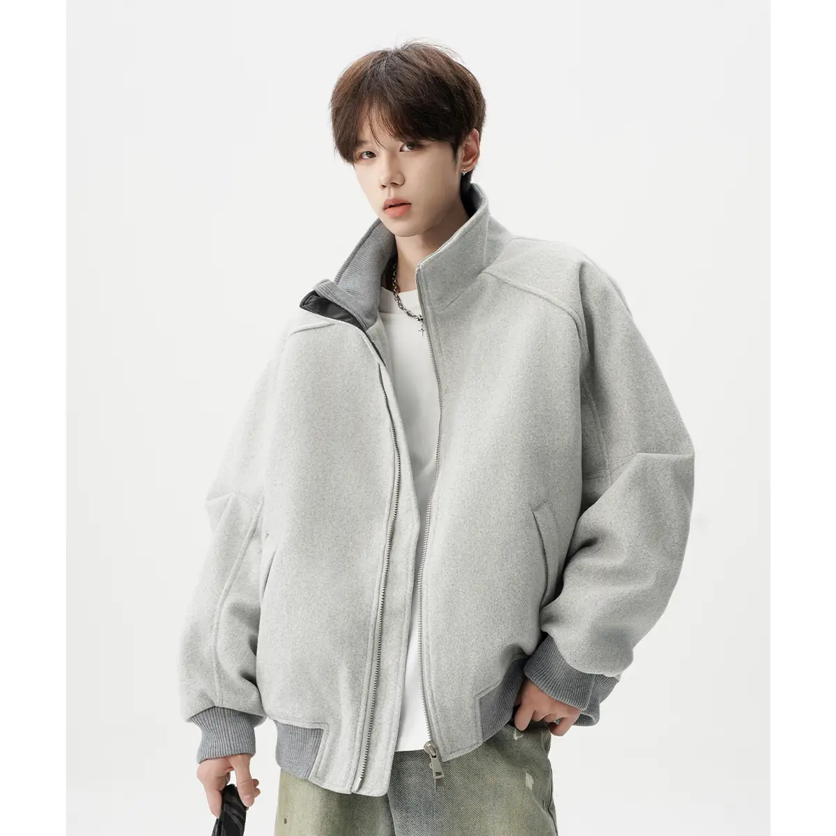 Gray Silhouette Short Woolen Outwear Men's New arrival American High Street Loose Stand Collar Trendy Fancy jacket Tops