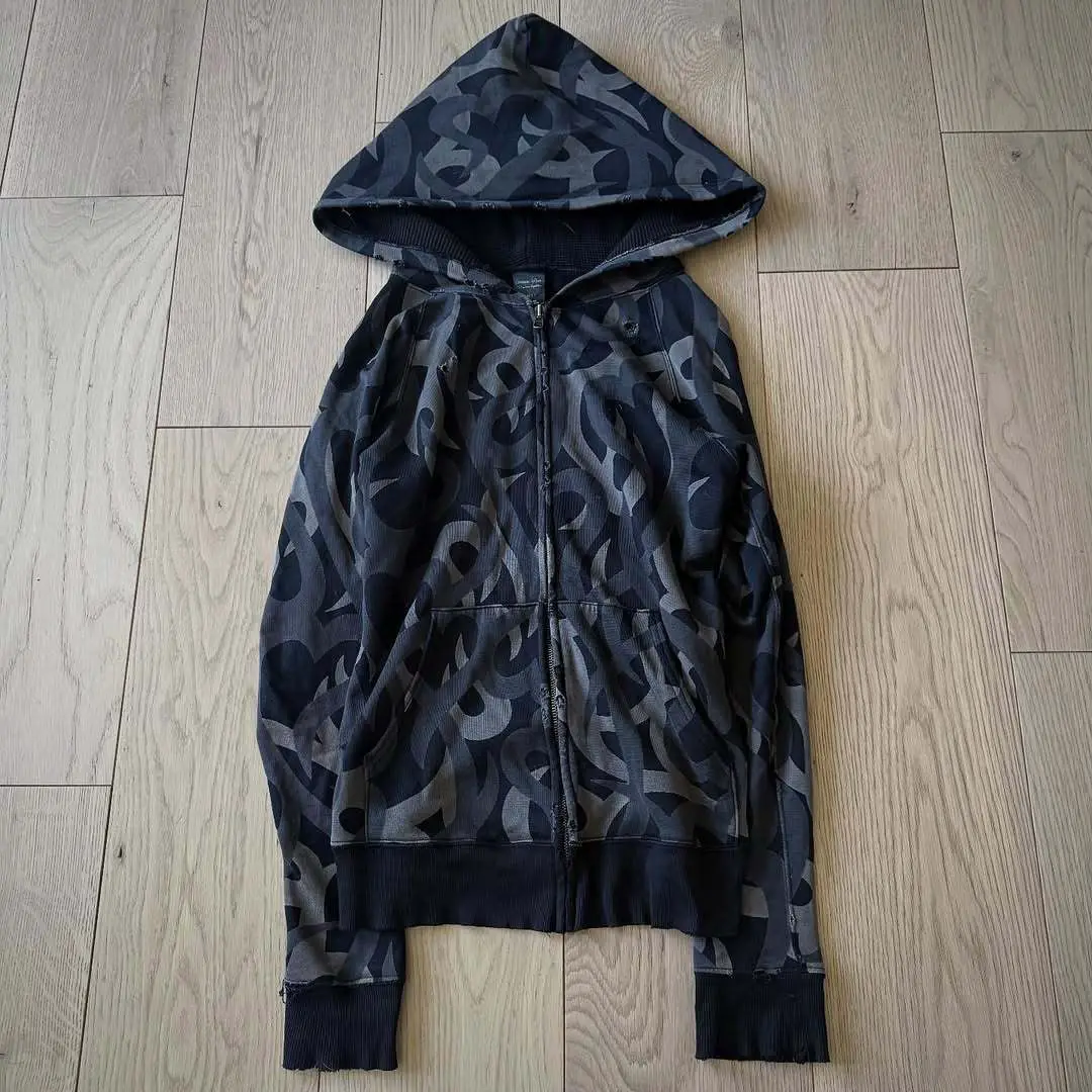 European and American Cross-Border New Versatile Dark Pattern Print American Retro High Street Hooded Zipper Sweatshirt Trendy Outfit Y2K