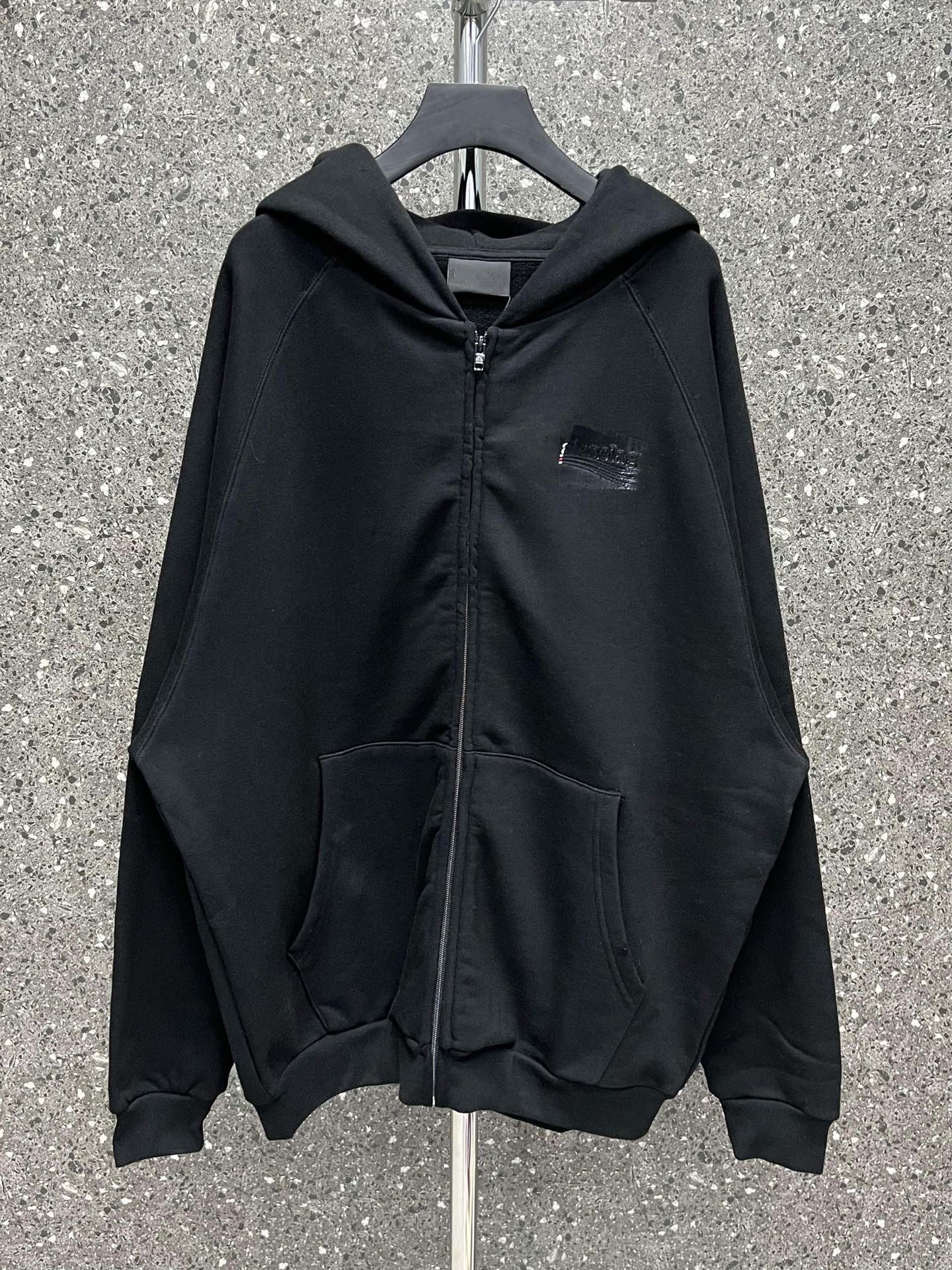 High version B Cola black glue zipper terry hoodie woven dyed pure cotton OS drop shoulder loose cardigan