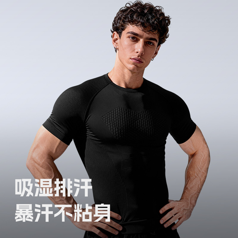 Seamless Sports Fitness Clothes for Men, Short-Sleeved Sports Suits, Running Quick-Drying Clothes, Summer Sweat-Absorbent Training Equipment, Elastic