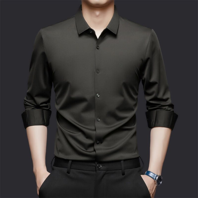 Autumn 2025 New Non-ironing Anti-wrinkle Slim-fit Long-sleeved Shirt Solid Color Ice Silk Traceless Shirt Men's Dad's Shirt
