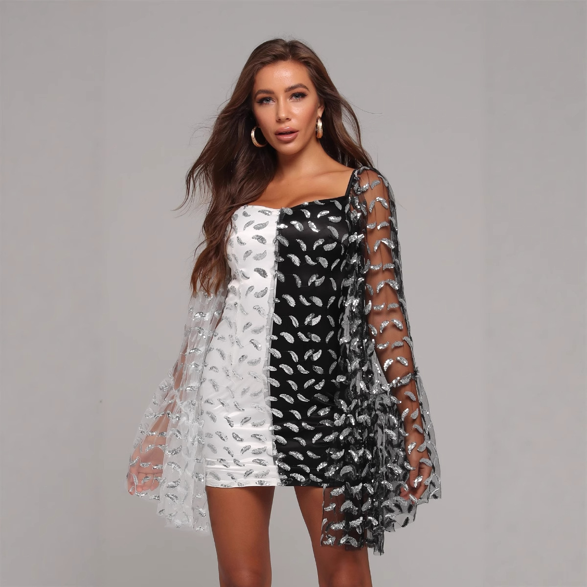 Hot Style Fashionable New Splicing Mesh Long-Sleeved Square Neck Leaf Print Tight Mini Party Dress for Women