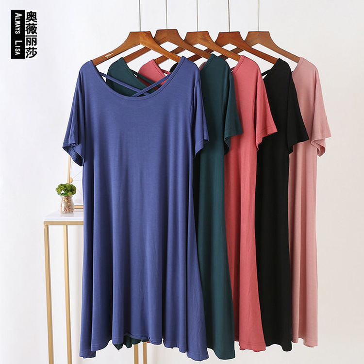 Modal Midi Dress 2020 Summer Korean-style Back Cross Dress Flesh Covering Slimming Loose Plus Size Fat Dress