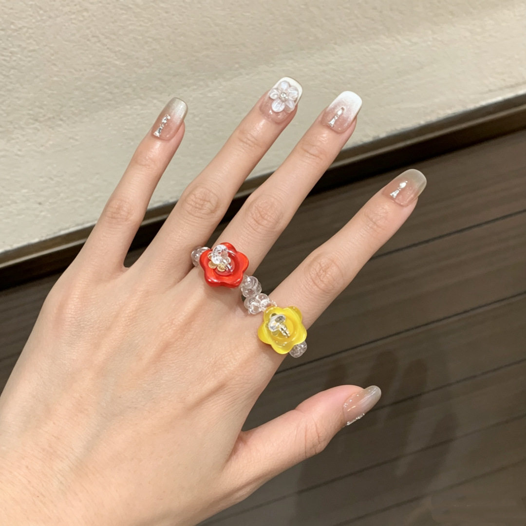 Korean Handmade Flower Button Rings, Cross-Border Hot-Selling Elastic Rope Rings, Dopamine Colorful Rings, Stackable Rings