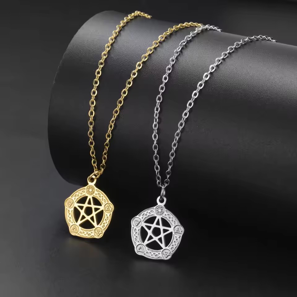 Cross-Border Hot-Selling Trendy Versatile Five-Pointed Star Four-Character Pendant Necklace 304 Stainless Steel Jewelry