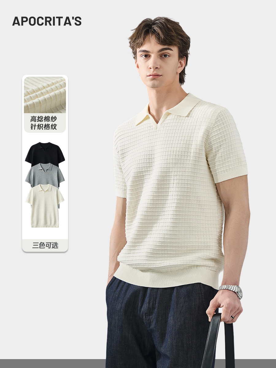 Apo Men's Clothing | Cross-Border High-Twist Cotton Knit Short-Sleeve Polo Shirt for Men, Summer High-End Simple Versatile Seagull Collar Top.