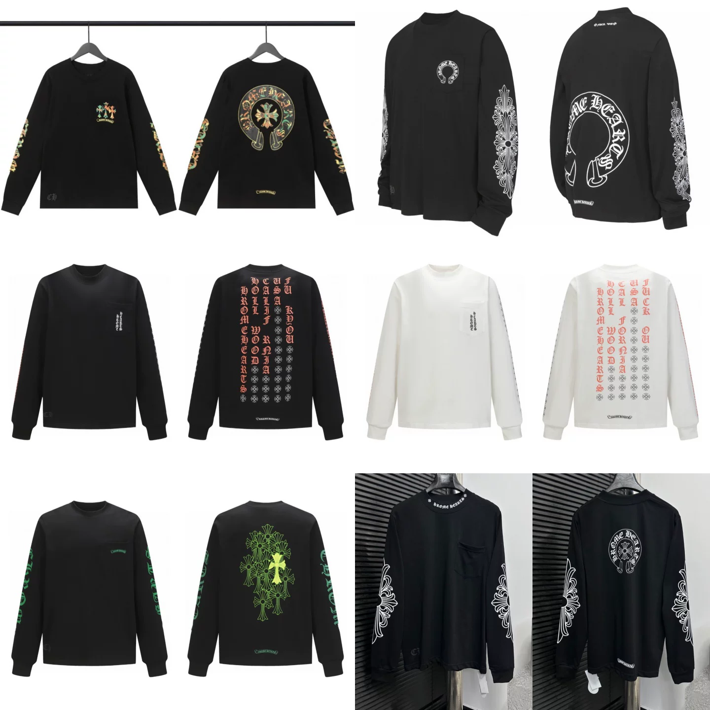 American Trendy Brand Crow Heart Cross Print Long-Sleeve T-Shirt, Unisex, Loose, Casual, Versatile, Round-Neck Top
