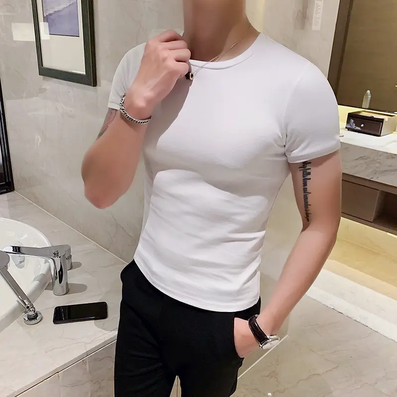 Summer new short-sleeved men's T-shirt Slim tight body shirt solid color casual simple bottoming shirt round neck half-sleeved male