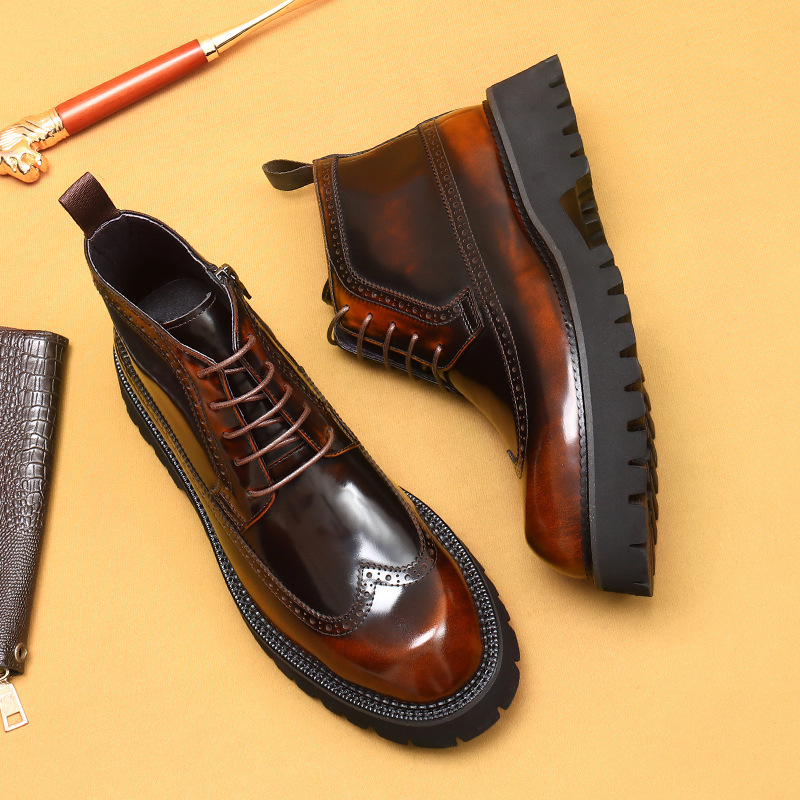 [vip for] martin boots men's high-top british style leather carved brogue boots bright platform high-top shoes