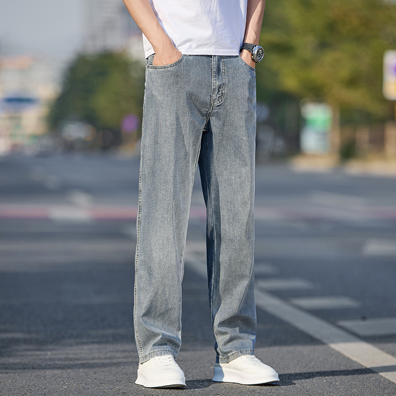 2025 Summer New Breathable Men's Jeans Straight Wide-Leg Pants Trendy Versatile Stretch Thin Men's Pants