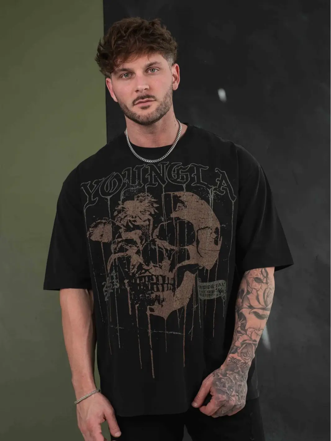Youngla Men's Oversized T-Shirt Cotton Round Neck Loose Short-Sleeved Gym Sports Fitness T-Shirt 240 Fabric