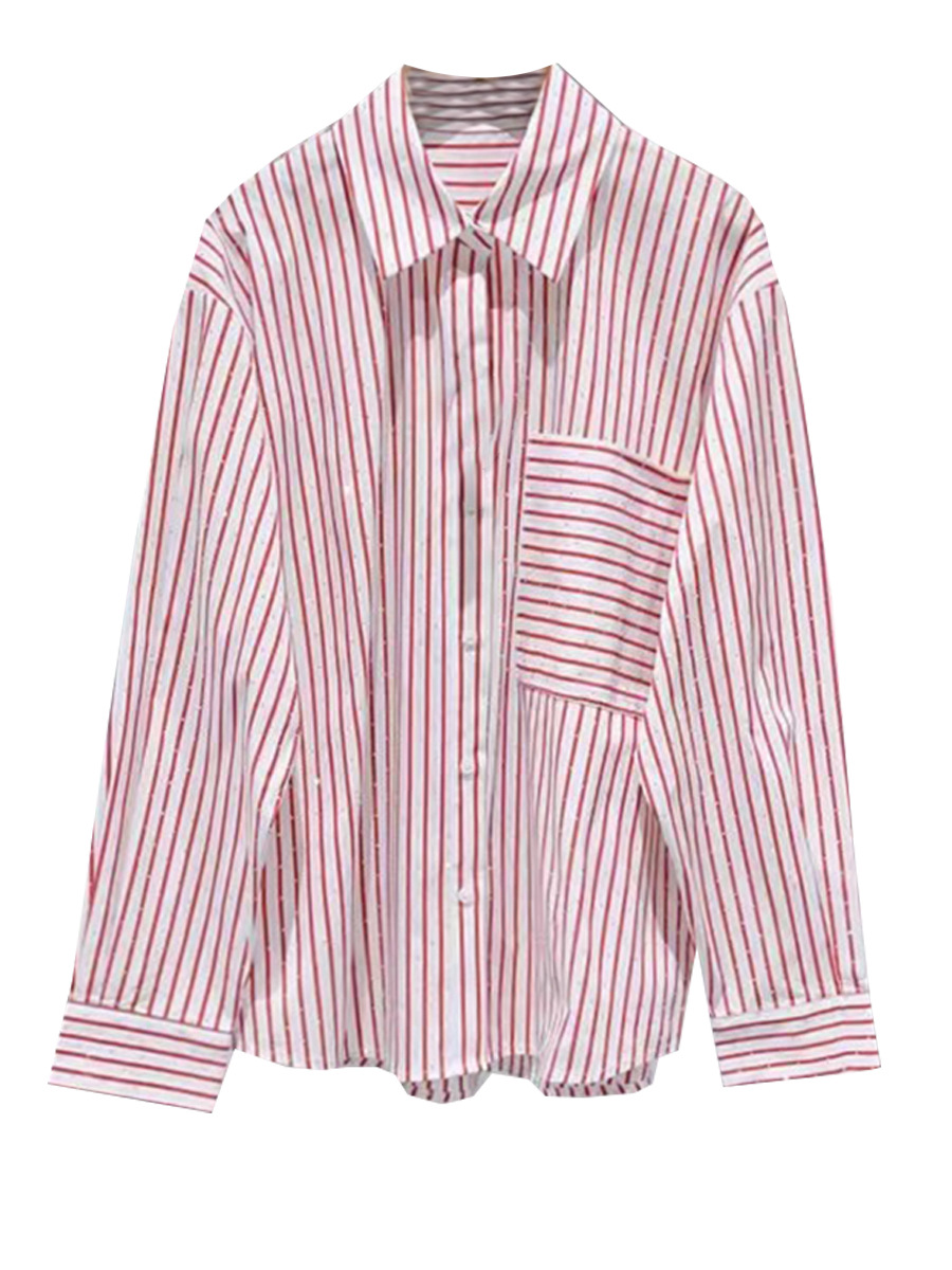 French single M 2024 early autumn new striped shirt women's loose long sleeve rhinestone versatile shirt