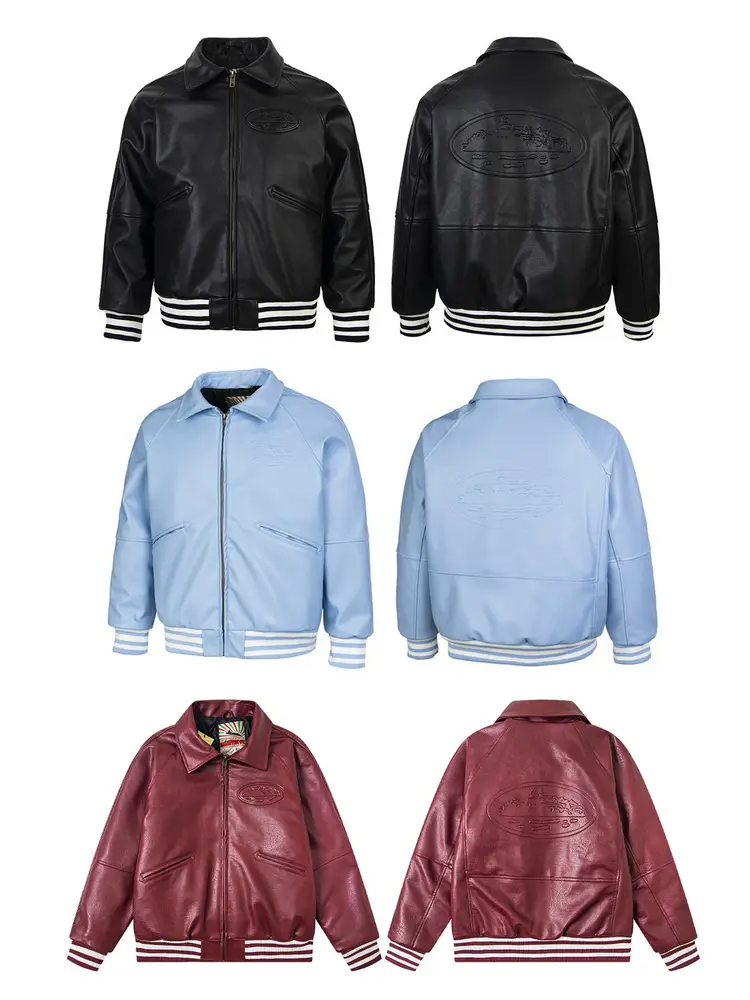 American-Style Corteiz Alcatraz Textured Pu Leather Jacket Cotton Coat for Men and Women ins High Street Bomber Jacket