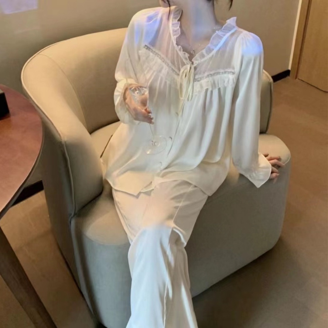 Early Autumn new pajamas women's spring and autumn lace hollow cardigan long sleeve silk sexy two-piece set temperament home wear