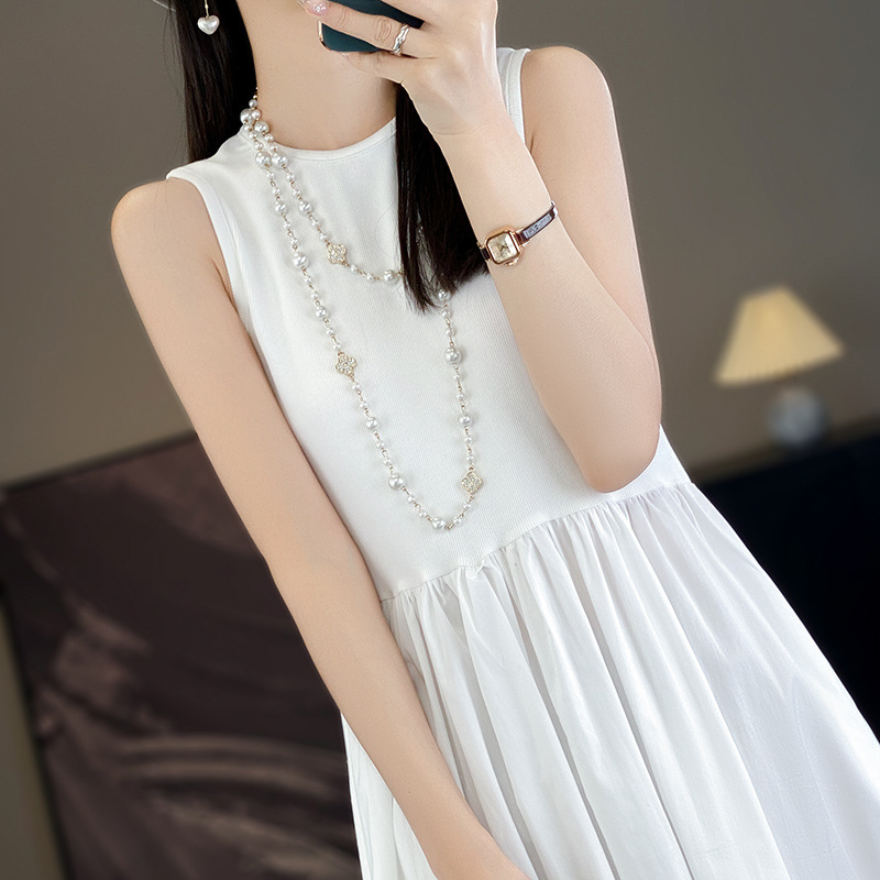 Sleeveless Vest dress Women's Summer High-end Celebrity Elegant Long Dress Niche Design Acetic Acid Satin Pleated Skirt