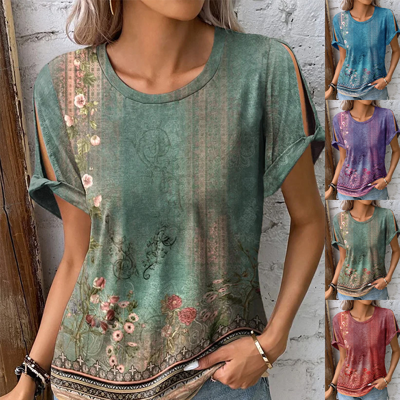 2026 Amazon European and American Cross-Border Temu Summer New Women's Casual Comfortable Ethnic Style Short-Sleeved Printed T-Shirt