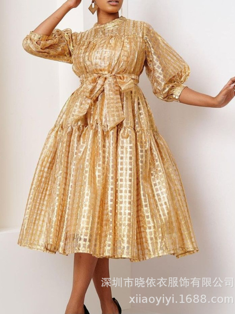 Amazon Cross-Border Trade European and American Plus-Size Elegant Commuter Spring and Summer New Lace-Up Waist-Cinching Women's Plaid Dress