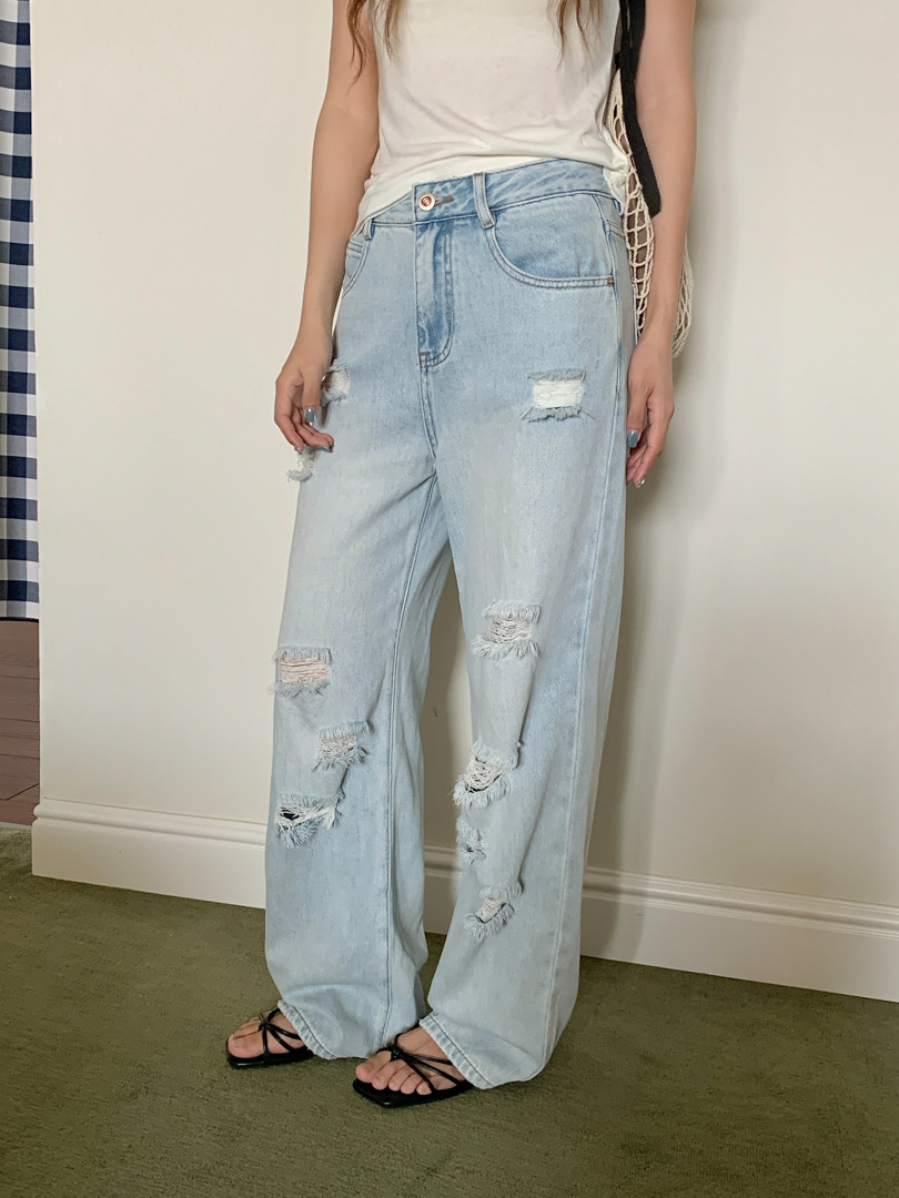 Gagd Summer Limited Light Blue Ripped Straight-Leg Jeans Women's Summer High Waist Loose Tencel Wide Leg Floor Mopping Pants