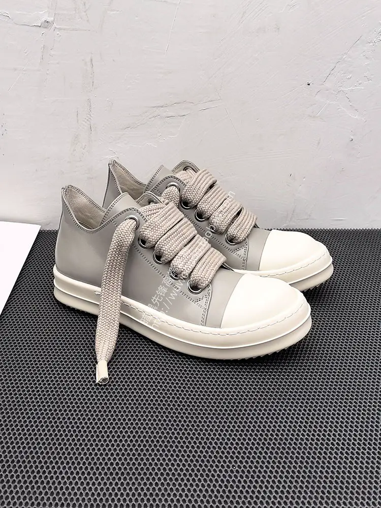 25Wf Niche Style Autumn New Model Ro Thick Shoelaces Gray Low-Top Lace-Up Genuine Leather Thick-Soled Height-Increasing Men's Trendy Shoes