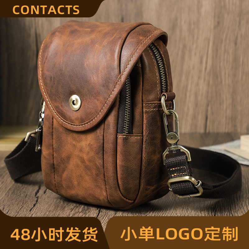 Black Angel Retro Crazy Horse Cowhide Men's 7-inch Mobile Phone Waist Bag Wearing Belt Multifunctional Men's Bag Genuine Leather Crossbody Bag