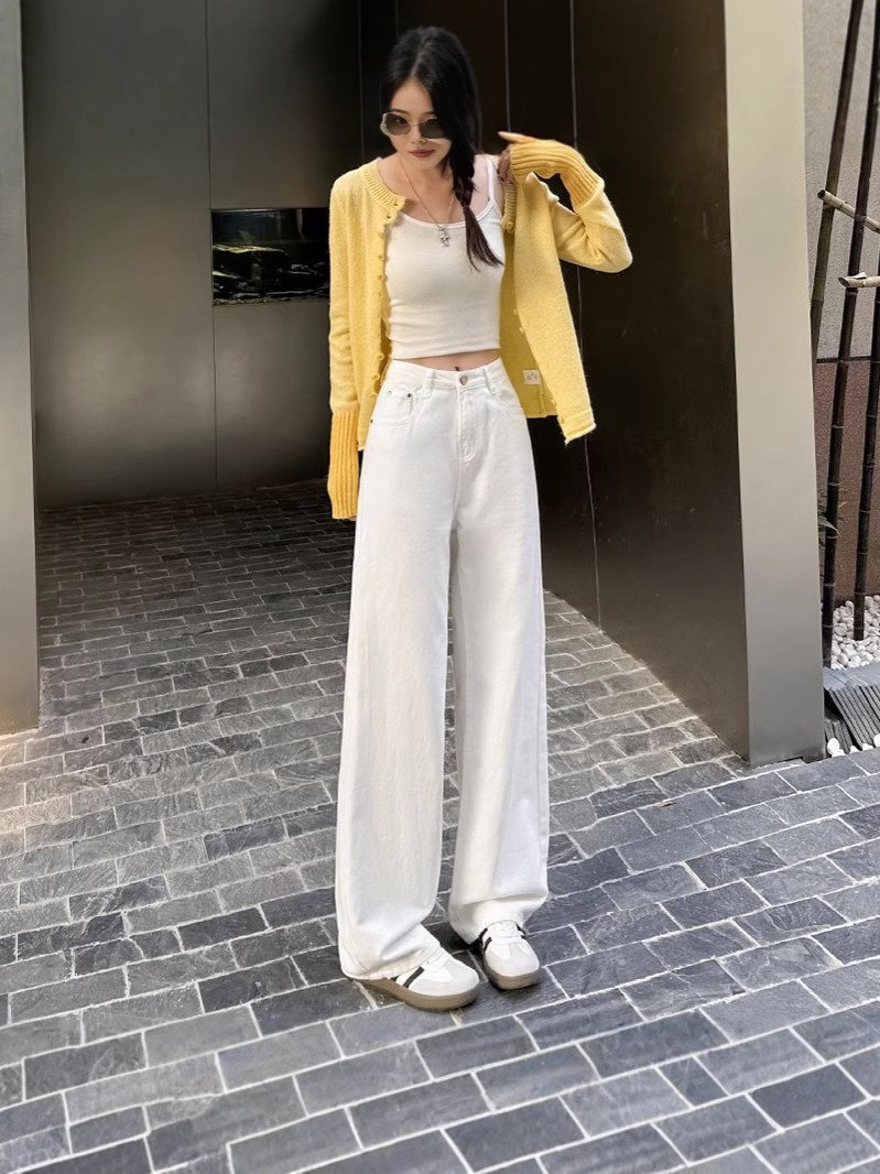 White Wide-Leg Jeans for Women 2025 Spring & Fall New Style High-Waisted Loose Draped Slimming Look Straight-Leg Floor-Length Pants for Small People