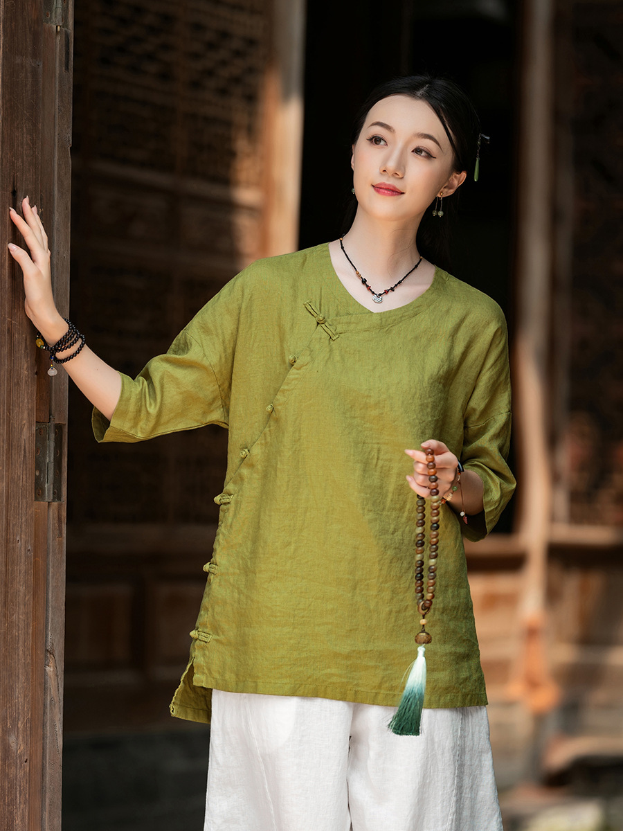 26 Summer New Style Retro Chinese Style Top Linen Lightweight Shirt National Style Diagonal Collar Buttoned Zen Tea Wear