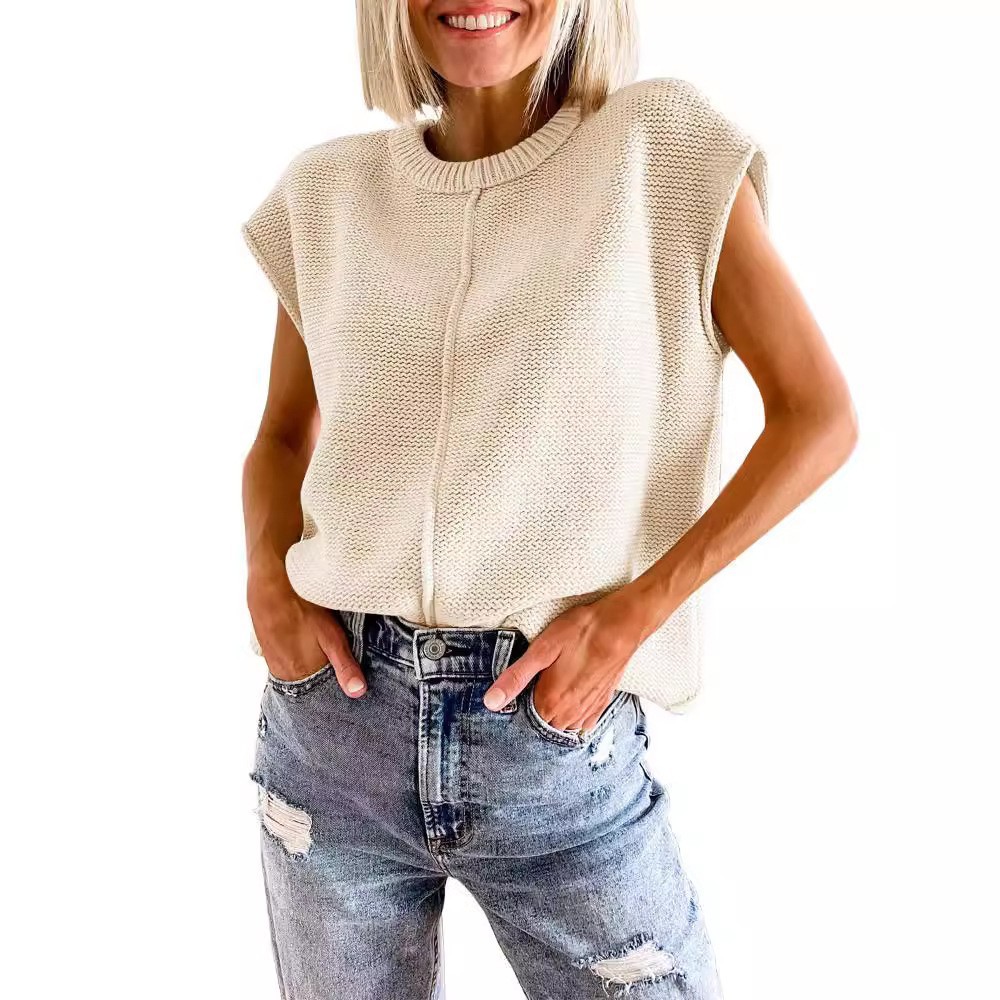 European and American Foreign Trade Sweater Women's Vest 2024 Early Autumn New Loose Sleeveless Round Neck Sweater Inner Top