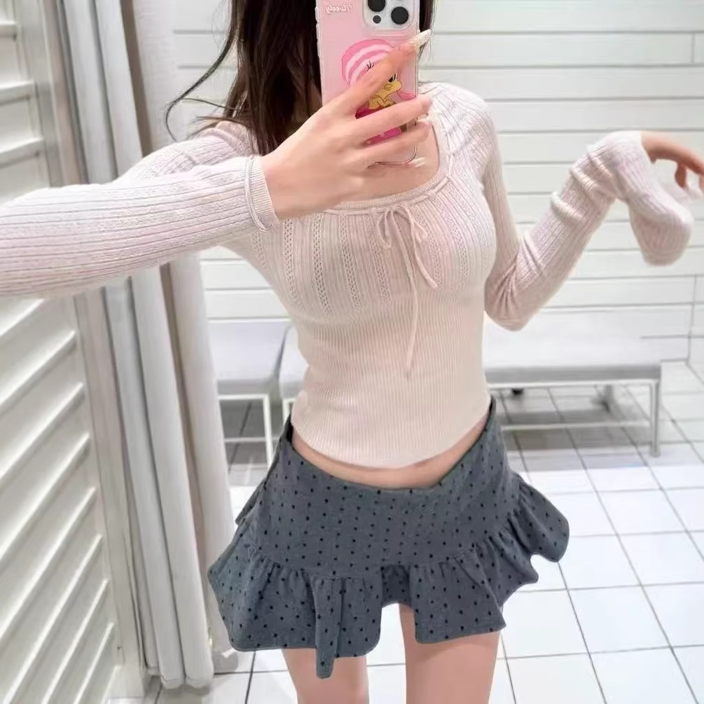 Bm Style Sweet Lace-Up U-Neck Long-Sleeve Knit Top for Women, Slim-Fit Pink Waist-Cinching Base Shirt