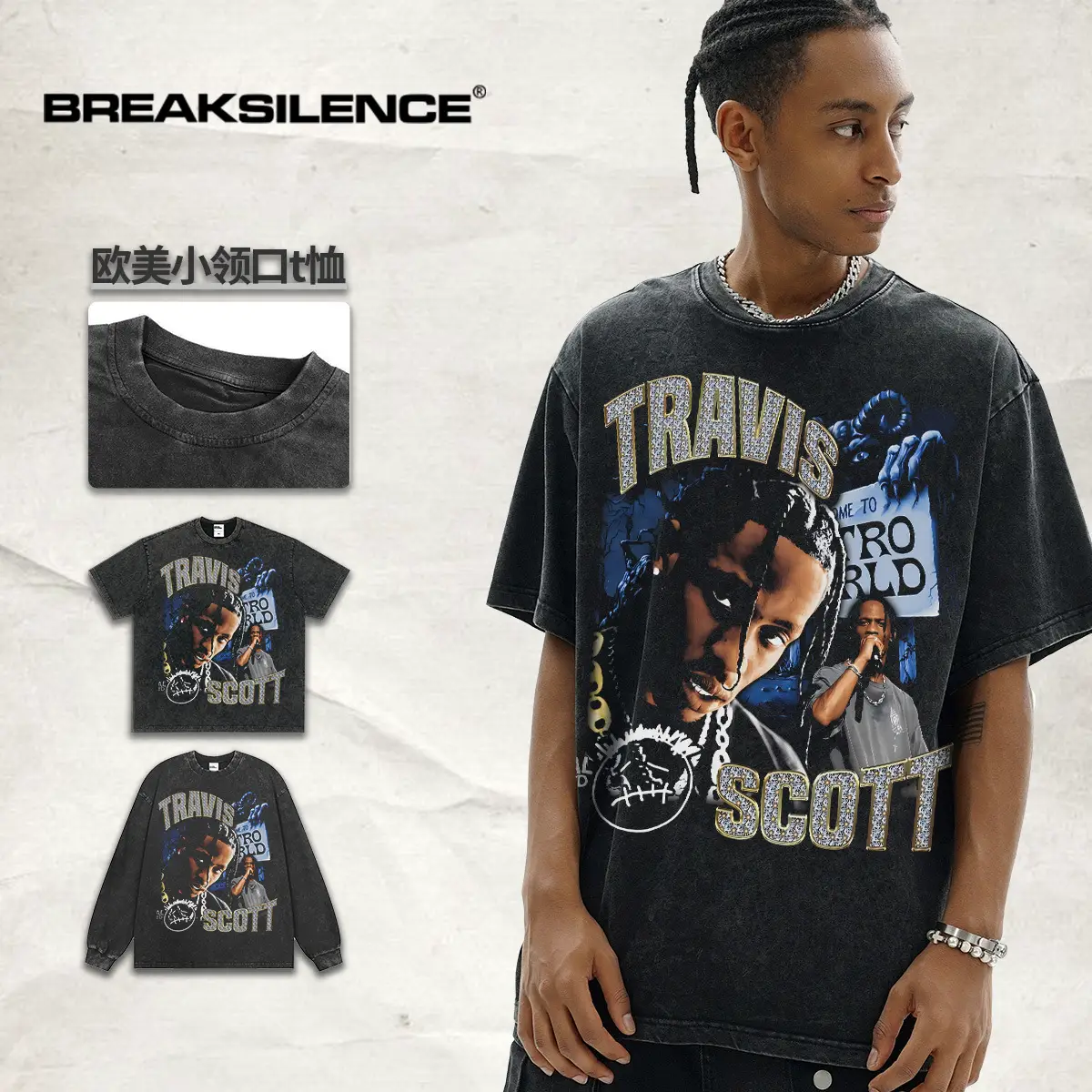 cactusjack travis scott short sleeve t-shirt men's beautiful fashion hip hop washed heavy cross-border printed pure cotton