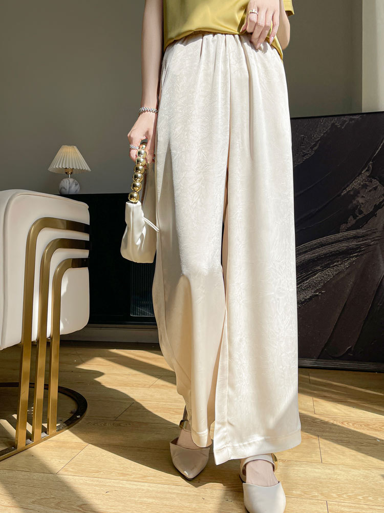 Satin Jacquard Wide-Leg Pants for Women, 2026 Summer New Style, Drapey New Chinese Style, Straight-Leg Floral Floor-Length Casual Pants