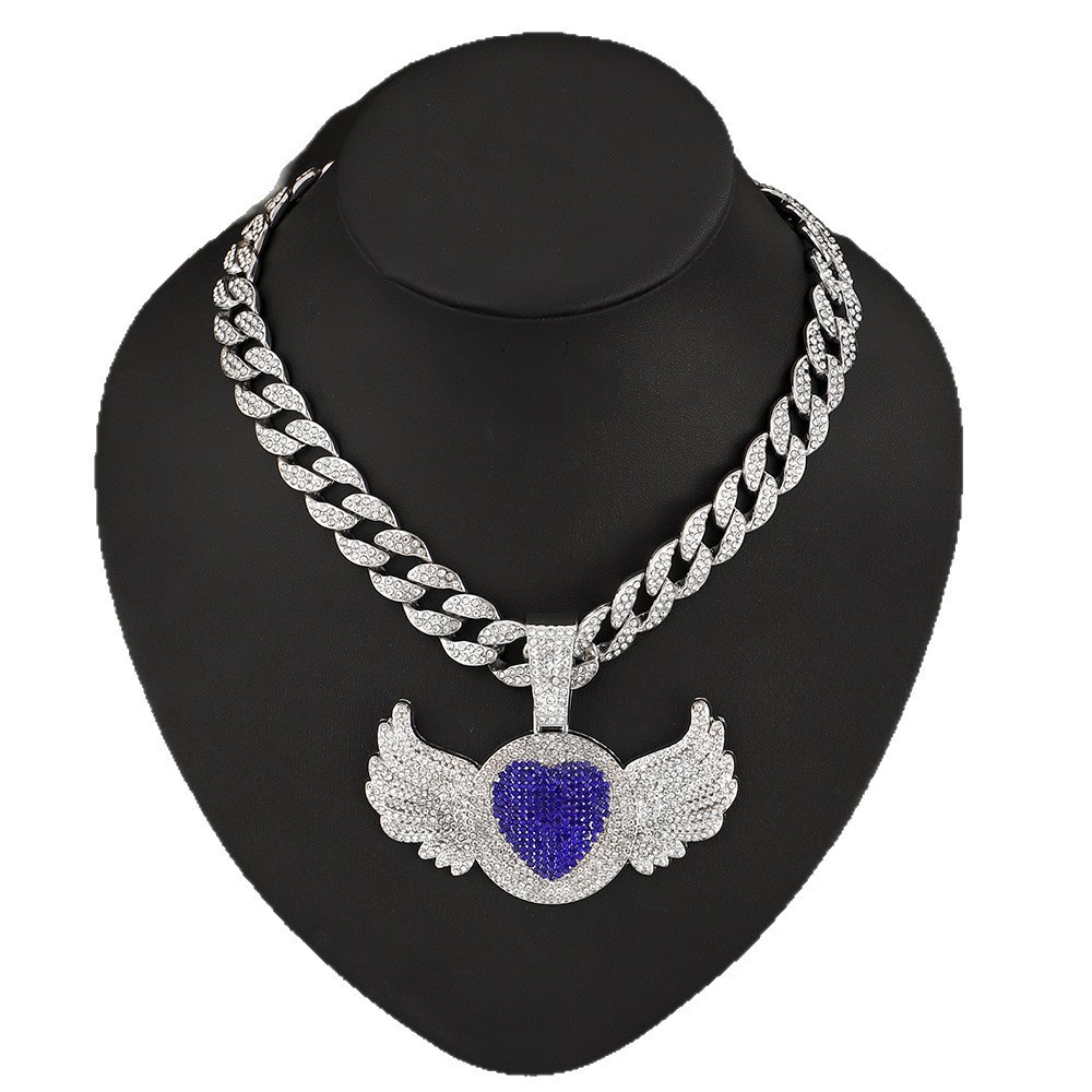 temu for European and American hip-hop fashion men's alloy full diamond pink love angel wing pendant hip-hop necklace