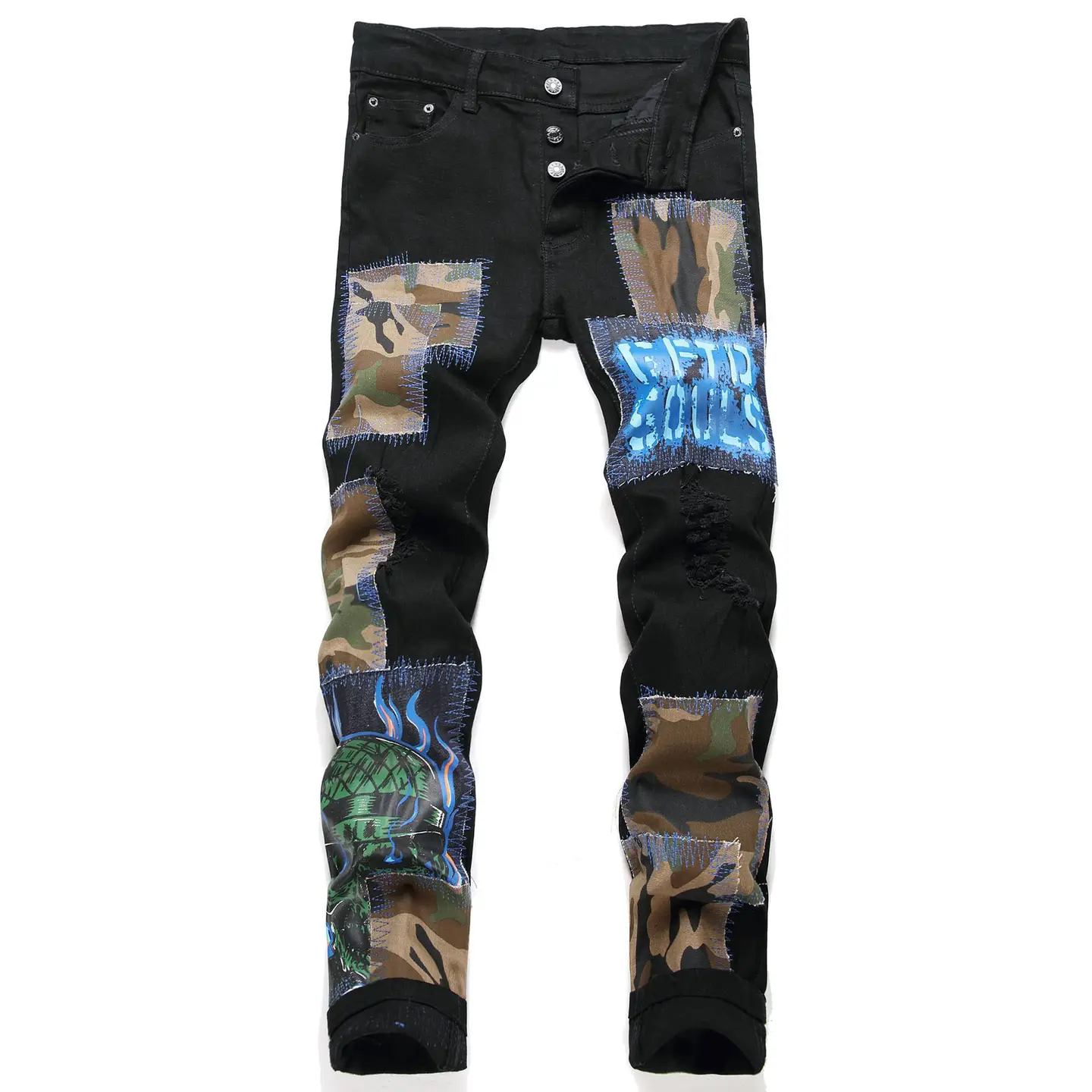 Cross-border Amazon jeans men's ripped cloth paint multi-color men's foreign trade stretch small straight jeans