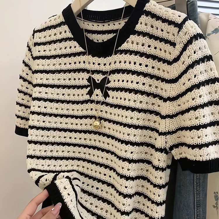 French Retro Hollow-Out Striped Short-Sleeve Knit Top for Women, Summer Niche Design, Trendy Slim-Fit Crop Top