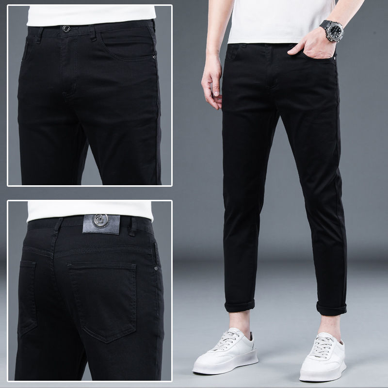 High-end Thin Cropped Pure Black Jeans Men's Elastic Slim-fit Korean-style Casual All-match Trendy Youth Skinny Pants