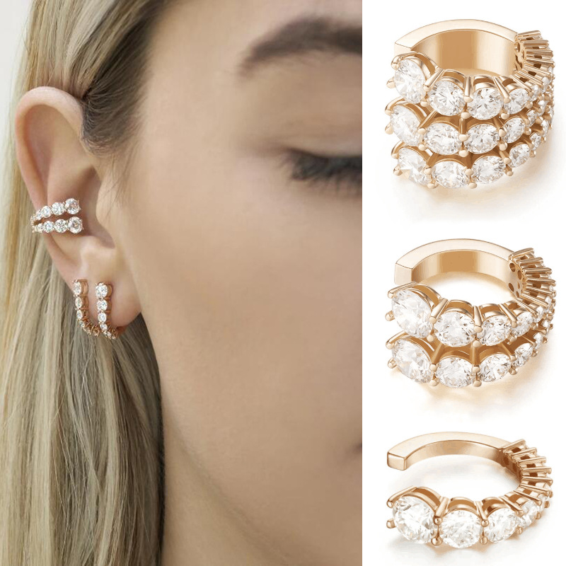 Crystal zircon ear clip without ear hole women's simple fashion temperament super flash brass plating 18K gold multi-layer ear clip