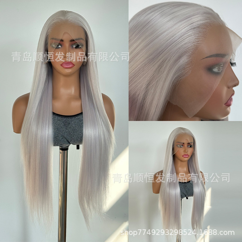 New Foreign Trade Model: Milk Tea Gray Long Straight Hair Lace Front Hand-Crocheted Wig, Synthetic Fiber Cosplay Wig, Factory Wholesale in Stock