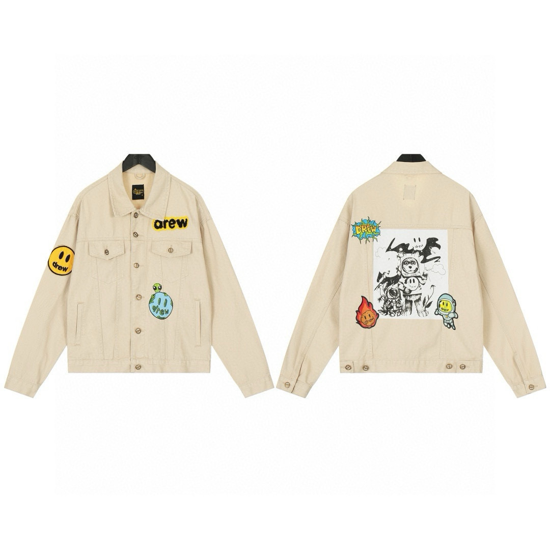 Drew Smiling Alien Badge Painting Denim Jacket American Fashion Brand Vtg Retro High Street Loose Fog Jacket