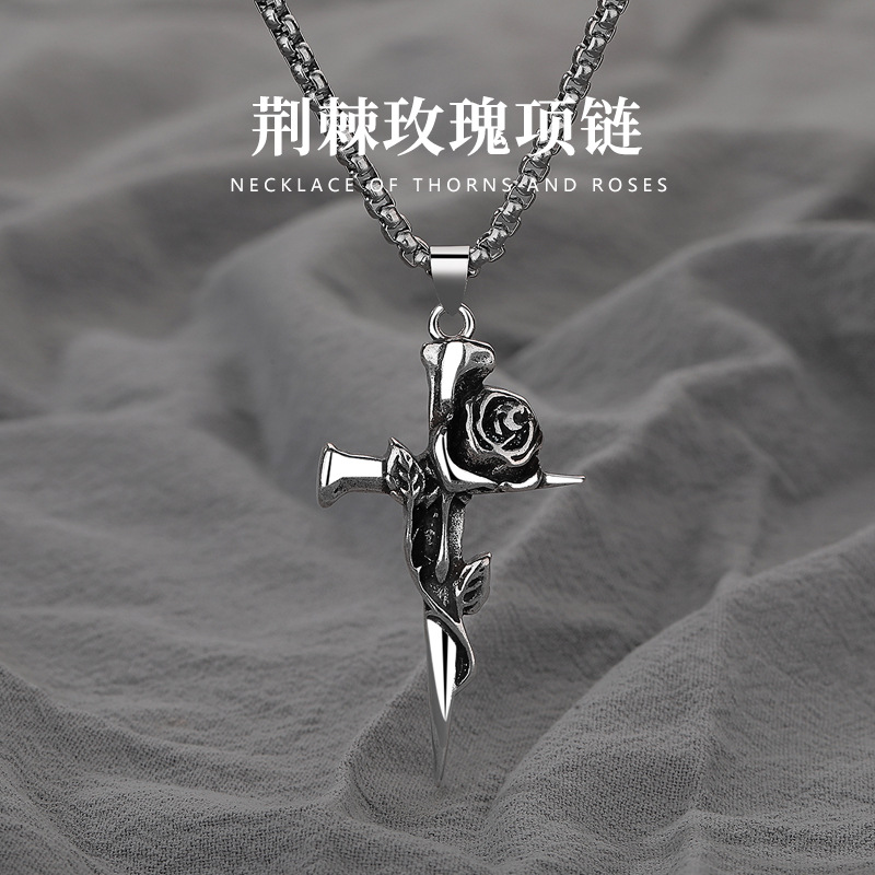 Vintage Thorns Rose Necklace Jewelry Men's Trendy Cold Wind Cross Pendant Fashion Double-Sided Rose Clavicle Chain