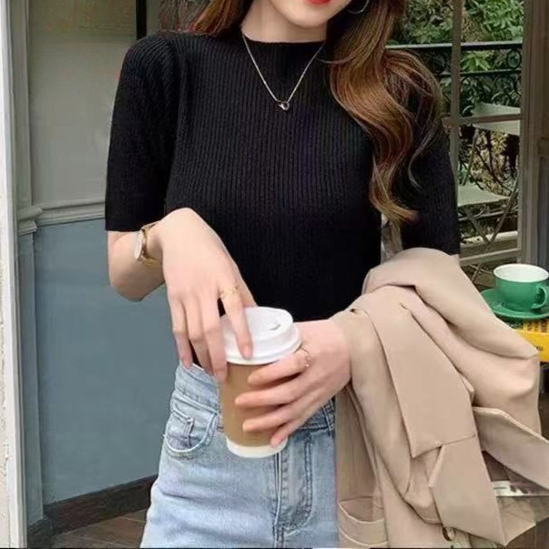 2026 Summer New Stylish and Youthful Half-High Collar Ribbed Soft Slim-Fit Knit Short-Sleeve Top for Women
