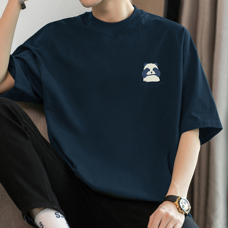 260g Heavyweight Pure Cotton Bear Print T-Shirt for Men, Short Sleeve, Summer Round Neck Top, Loose Fit, Full Cotton, Thick Half-Sleeve T-Shirt