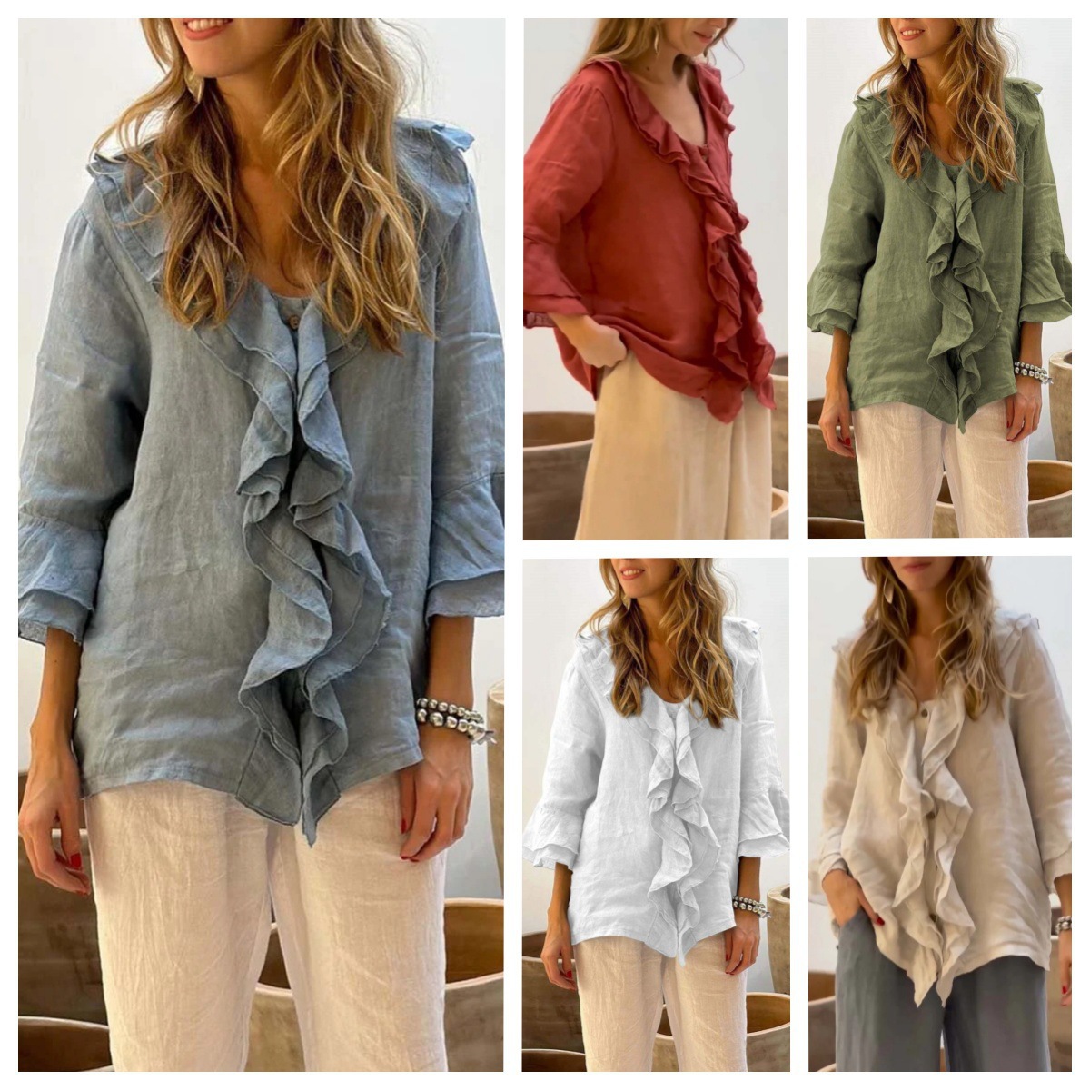 2024 Cross-border Autumn New European and American Fashion V-neck Flying Sleeve Ruffled Loose Casual Women