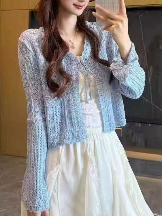 Cross-Border European and American New Style Hollow-Out Knitted Cardigan for Women, V-Neck Tie-Up, Cropped Long-Sleeve Sun Protection Cover-Up, Spicy Girl Style Short Version