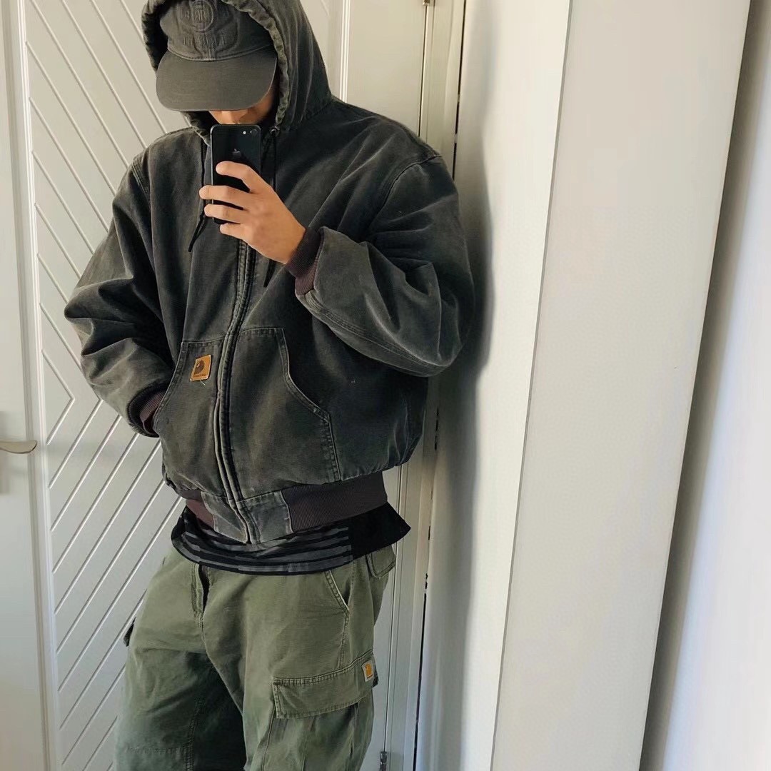 Cht Ka J130 leather label heavy industry washed canvas fleece-lined thickened hooded jacket workwear coat cotton-padded coat Kaji