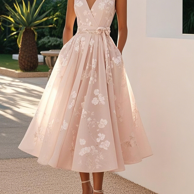 European and American Cross-Border Women's Clothing Amazon 2026 Summer New Banquet Evening Dress Printed Sleeveless V-Neck Dress