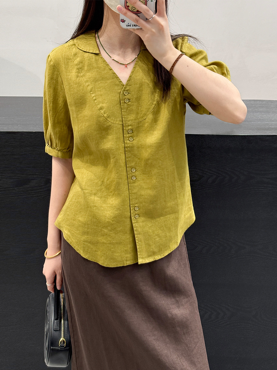 Sumachi Summer New Linen Shirt Women's V Neck Slim Elegant High-End Peter Pan Collar Shirt Women
