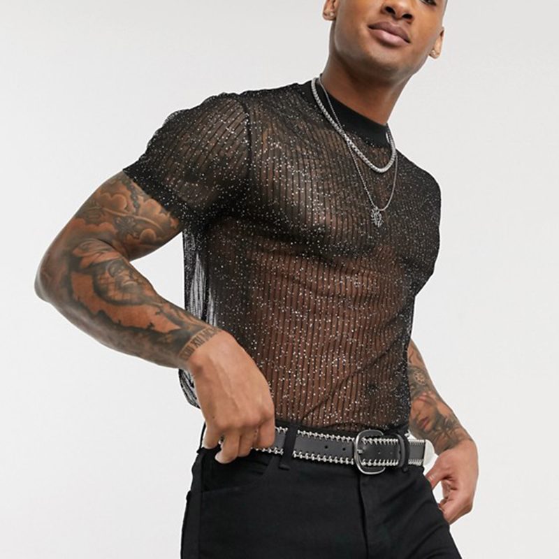 Fashionable and Sexy Men's T-Shirt Aliexpress Mesh See-Through Sequin Decoration Thin Breathable Nightclub Party Bottoming Shirt