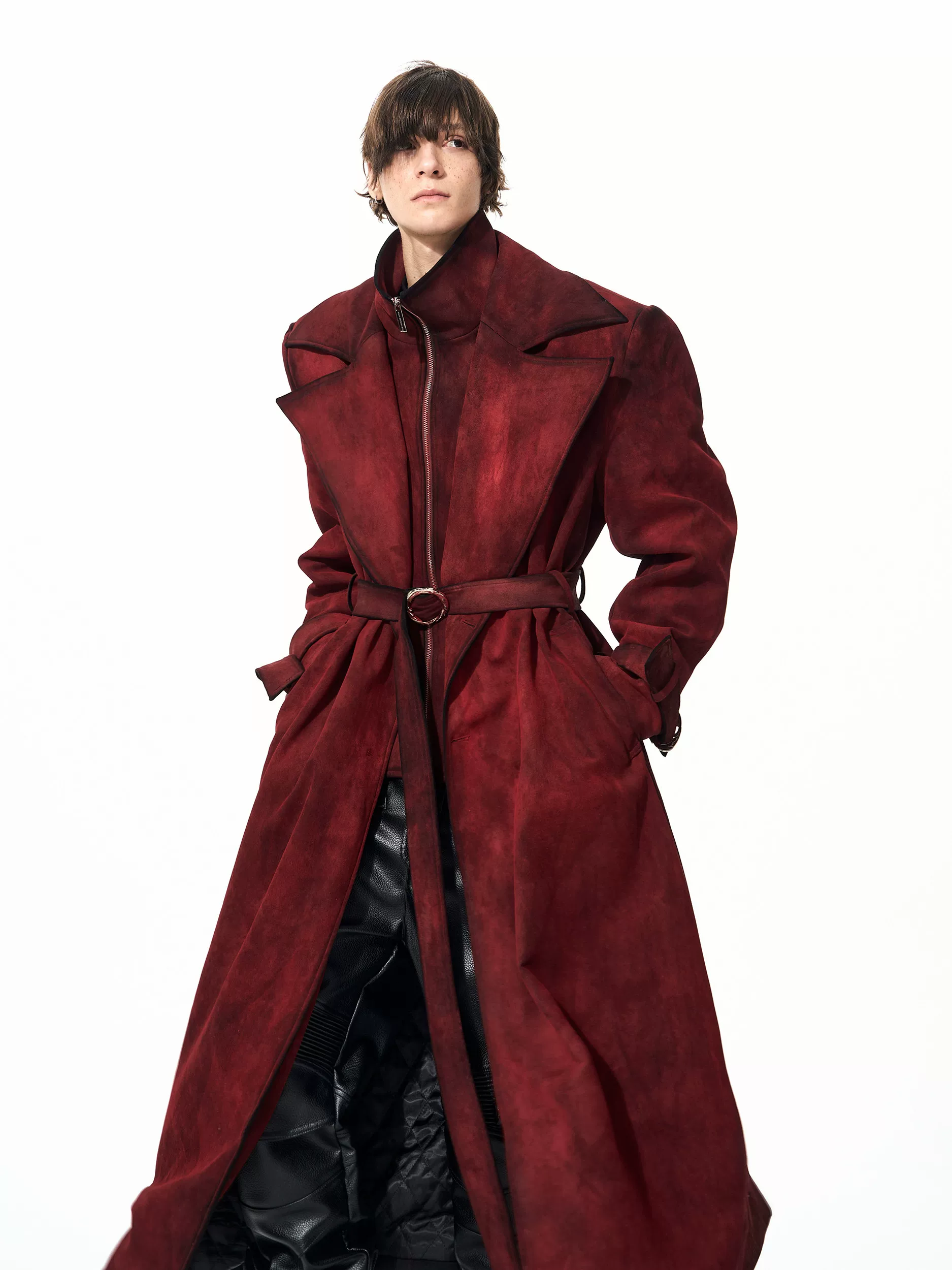 Red Faux Two-Piece Suede Coat for Men, Winter Men's Padded Thick Long Woolen Trench Coat