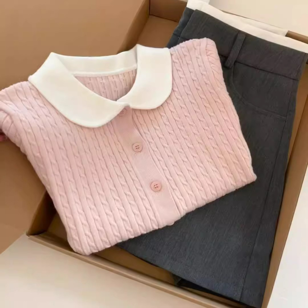 Korean Style Pink Cashmere Twist Doll Collar Short-Sleeved T-Shirt Women's Summer Slim-fit Cardigan Top