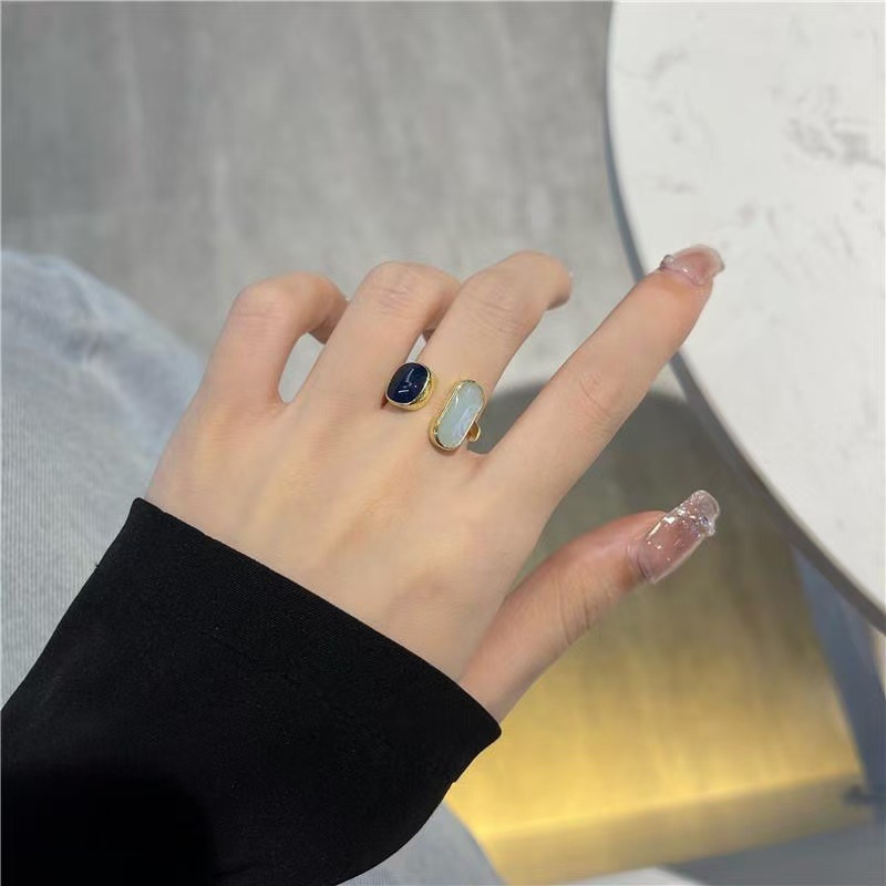 Elegant Blue Temperament Open Ring, Simple Matching Niche Design, Retro Hong Kong Style Plain Ring Open Bracelet
