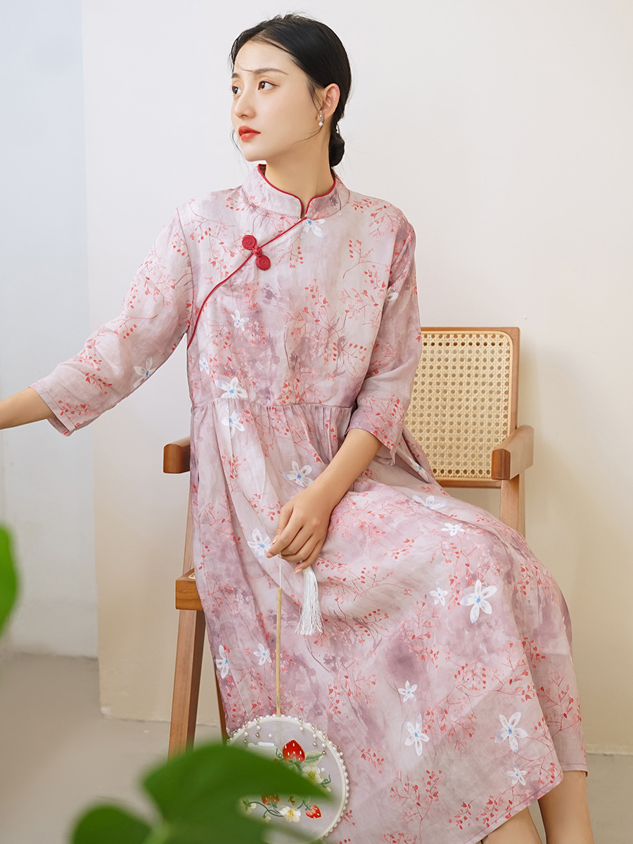 Cotton and linen women's clothing 2025 spring new vintage dress women's waist slimming new Chinese ramie printed large skirt